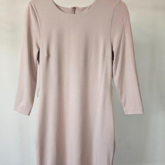 Timeless Quiet Lux Beige-Neutral Slim Dress w/Wide Mirror-Gold Belt - Picture 1 of 12